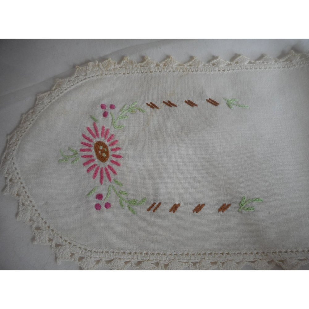 Vintage Pink Floral handmade embroidered oval Lace Dresser scarf 15.5 x 5 Estate - Picture 4 of 7